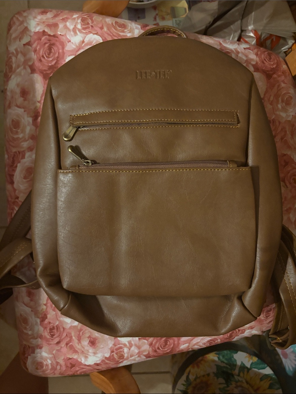 Casual Tan Faux Leather Backpack with Front Zip Pockets